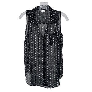 Teenbell Womens Sheer Black Sleeveless Button Down Blouse Pineapple Ankh Print M